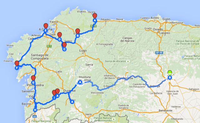 Mapa del viaje en autocaravana por galicia